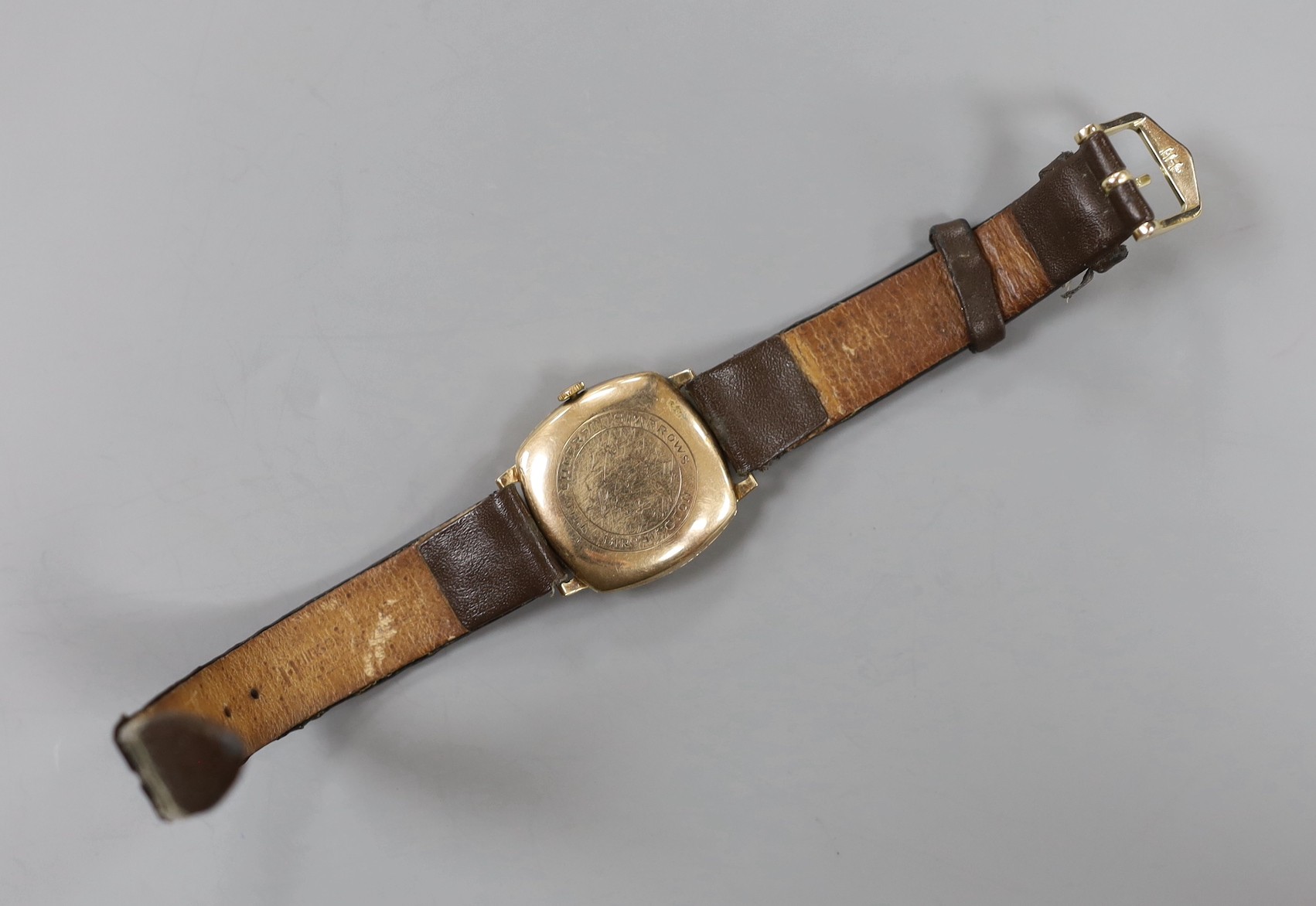 A gentleman's 1930's 9ct gold manual wind wrist watch, with Arabic dial signed 'Rolco' and subsidiary seconds, unsigned movement, the Rolex Watch Co. case diameter 29mm.